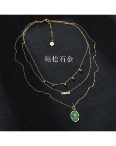 New Creative Colorful Diamond Emerald Turquoise Multi-Layer Alphabet Stainless Steel Oval Snake Necklace