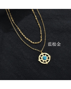 14K Gold Stainless Steel Octagon Star Necklace Vintage Hollow Double Sun Round Card Compass Necklace