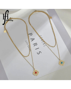 14K Gold Stainless Steel Octagon Star Necklace Vintage Hollow Double Sun Round Card Compass Necklace