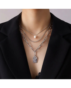 Fashion All-Match Three-Layer Irregular Freshwater Stainless Steel Necklace