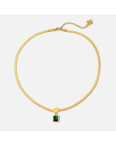 Fashion Green Square Zircon Pendant Necklace 18K Gold Stainless Steel 