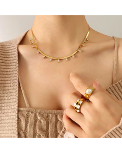 Texture Zircon Pendant Snake Bone Geometric Necklace Fashion Simple Titanium Steel-Gold Color-01