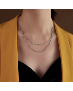 French Style Tassel Chain Geometric Rhombus Double Layered Titanium Steel Necklace