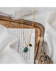 Fashion Double Pendant Necklace Retro Green Onyx Titanium Steel 