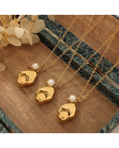 Plated 18K Gold Necklace Shaped Geometric Imitation Pearl Pendant Titanium Steel 