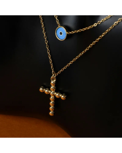 New Double-Layer Stainless Steel Gold-Plated Eye Cross Pendant Necklace
