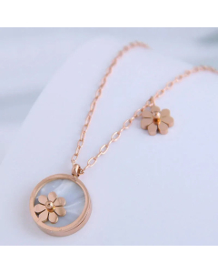 Fashion Round Daisy Necklace Titanium Steel-Rose Gold Color-White