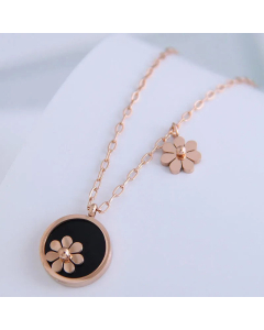 Fashion Round Daisy Necklace Titanium Steel-Rose Gold Color-Black