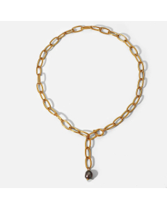 Fashion 18K Gold Black Pearl Pendant Stainless Steel Necklace