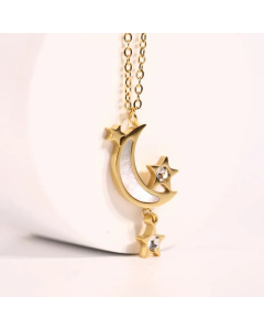 Elegant Inlaid Shell Zircon Moon Star Pendant Titanium Steel Necklace
