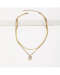 Fashion White Zircon Double Layer Necklace Titanium Steel Plated 14K Golden 