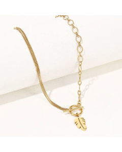 Fashion Stitching Chain Leaf Pendant OT Buckle Titanium Steel Necklace