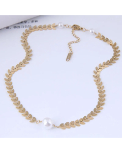 Wholesale Korean Leaf Pearl Titanium Steel Short Necklace Colorza Jewelry 