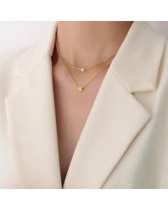 Five-Pointed Star Pendant Imitation Pearl Necklace 18K Golden Clavicle Chain Double Layer Twin Titanium Steel 