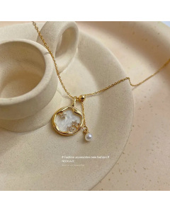 Inlaid Zircon Pendant Korean Simple Pearl Necklace Titanium Steel 