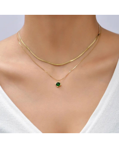 Double Layer Necklace Titanium Steel Plated 14K Gold Green Zircon Pendant Blade Chain 