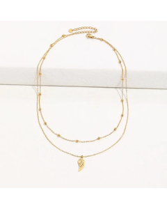 Plated 14K Gold Fashion Wings Pendant Beads Double Layer Necklace Titanium Steel 