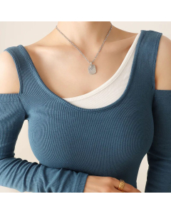 Plated 18K Gold Color Clacivle Chain Moon Square Necklace Titanium Steel -Steel Color-01