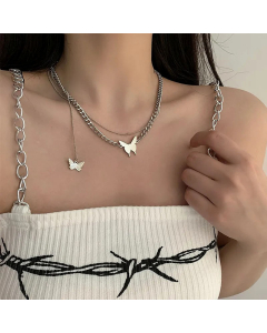 Fashion Hip Hop Simple Stainless Steel Butterfly Double Layer Necklace