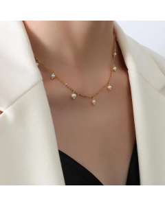 Fashion 18K Gold Stainless Steel Pearl Millet Bead Tassel Necklace