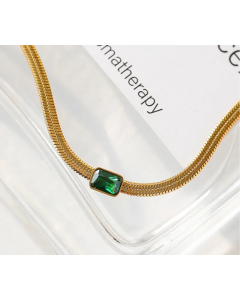 Simple Square Green Crystal Necklace Snake Bone Chain Titanium Steel