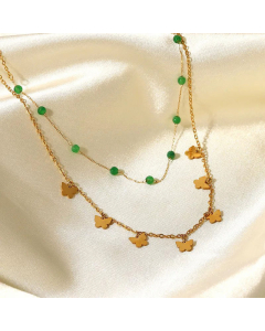 Fashion Green Stone Small Beads Butterfly Tassel Double Titanium Steel Necklace 18K Gold 