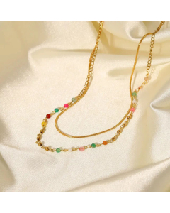 Fashion Colorful Stone Beads 18K Gold Double Layer Ball Bead Snake Chain Titanium Steel Necklace