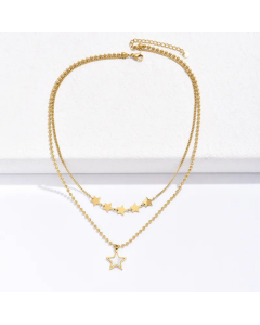 Plated 14K Gold Fashion Pentagram Double Layer Titanium Steel Necklace