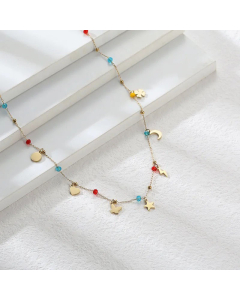 Fashion Color Diamond Chain Moon Star Pendant Necklace Titanium Steel Plated 14K Gold