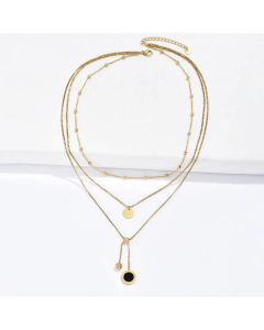 Plated 14K Gold Fashion Personality Round Roman Numerals Black Shell Three Layer Titanium Steel Necklace