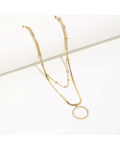 Fashion Round Pendant Double Layer Necklace Titanium Steel Plated 14K Gold 