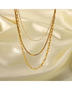 Fashion 18K Gold Women Three-Layer Necklace Stainless Steel Small Pearl Chain  