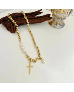 Fashion Cross Stainless Steel Natural Pearl Ornament Clavicle Chain Necklace