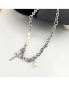 Fashion Cross Stainless Steel Natural Pearl Ornament Clavicle Chain Necklace