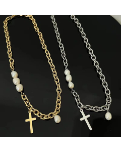 Fashion Cross Stainless Steel Natural Pearl Ornament Clavicle Chain Necklace