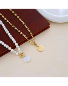 Two-Piece Set Twin Stainless Steel Neck Chain Pearl Necklace Simple Round Pendant