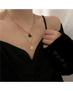 Retro Double-Layer Stainless Steel Eight-Pointed Star Emerald Pendant Necklace