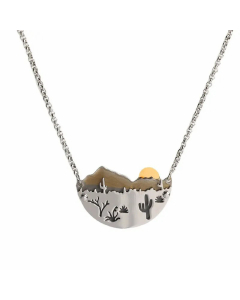 Stainless Steel Simple Landscape Painting Sunset Mountain Pendant Necklace