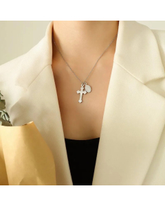 Fashion Gold Plated Titanium Steel Retro Cross Godfather Oval Pendant Necklace
