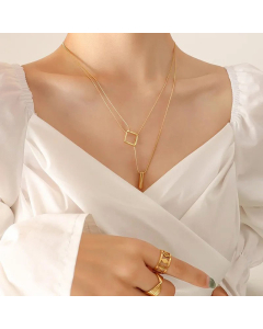 Fashion Gold-Plated Summer Square Long Double Layer Pendant Stacked Geometric Titanium Steel 