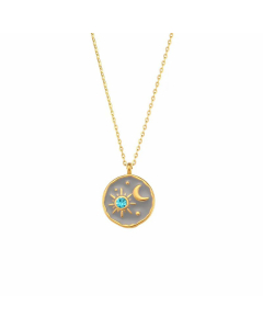 Retro Style 18K Gold Stainless Steel Pendant Drop Oil Sun Moon Starry Sky Pendant Necklace