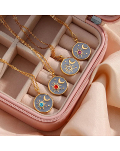 Retro Style 18K Gold Stainless Steel Pendant Drop Oil Sun Moon Starry Sky Pendant Necklace