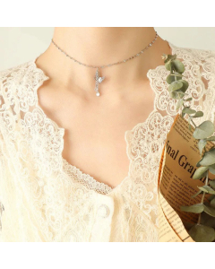 Female Titanium Steel Fashion Sweet Artistic Butterfly Tassel Zircon Pendant Necklace