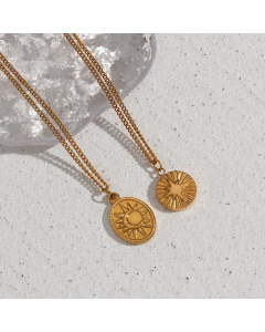 Vintage Style Star Oval Pendant Necklace Moon Sun Relief Pendant Jewelry Stainless Steel 