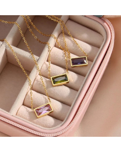 Simple Plated 18K Gold Small Square Diamond Pendant Necklace Stainless Steel