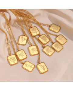 Wholesale Fashion Square Embossed Flower Pendant Stainless Steel Necklace Ornament
