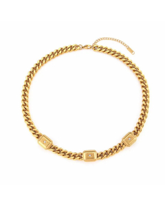 Fashion Retro Detail Pattern Zircon Three Pendant Chain Necklace Stainless Steel Thick Straps Ornament 