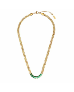 Fashion Double Layer Stitching Zircon Pendant Cuban Link Chain  Bracelet  Necklace-01-Green
