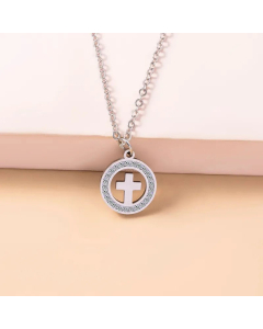 Fashion Heart Necklace Diamond-Embedded Clover Creative Pendant Cross Stainless Steel -Steel Color-02