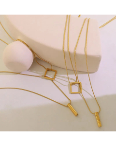 Fashion Stacked Geometric Titanium Steel Gold-Plated Square Long Double-Layer Necklace